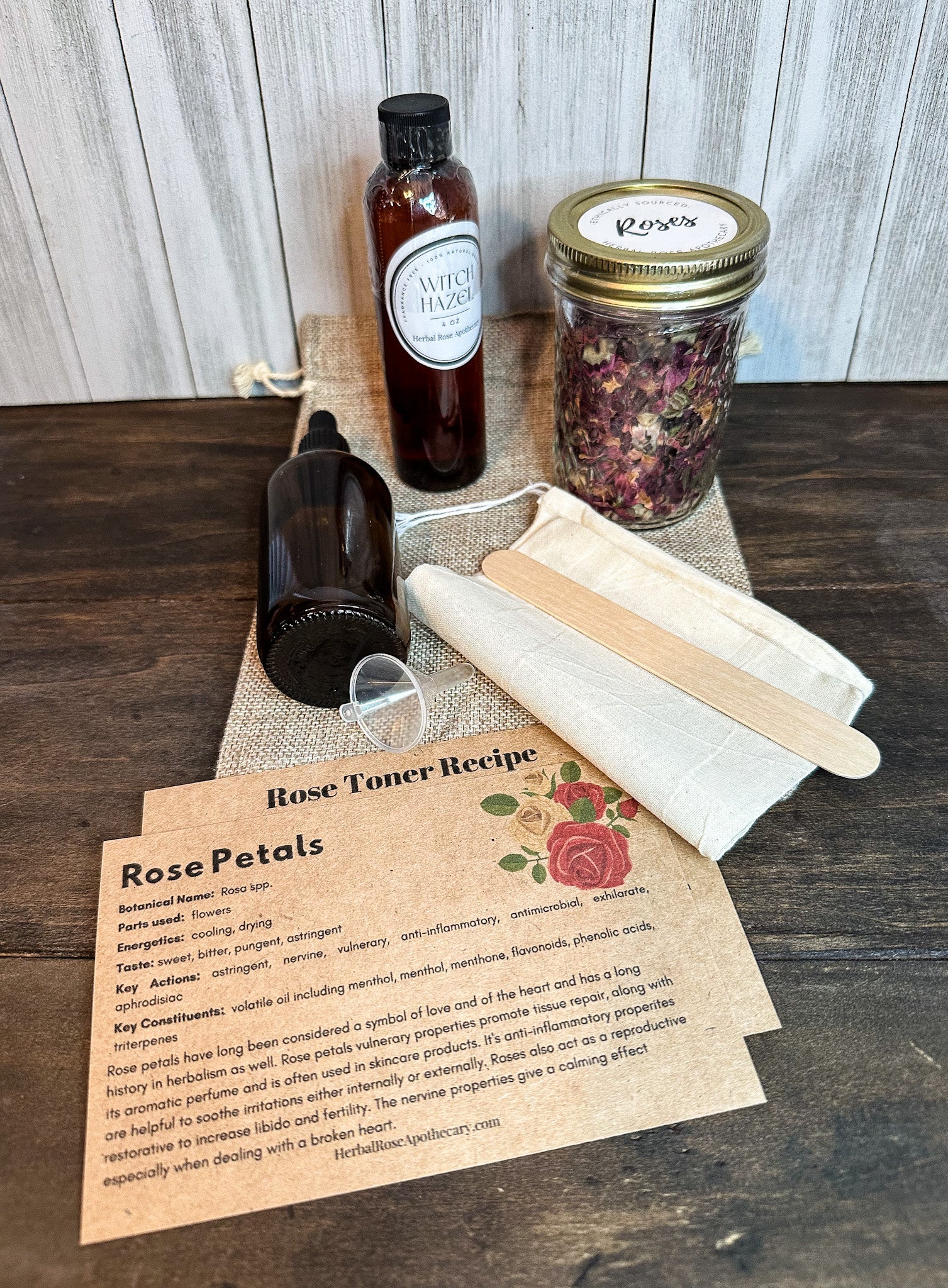 DIY Rose Toner Kit from herbalroseapothecary, apothecary kit with bottles of rose toner ingredients and tools for homemade skincare.