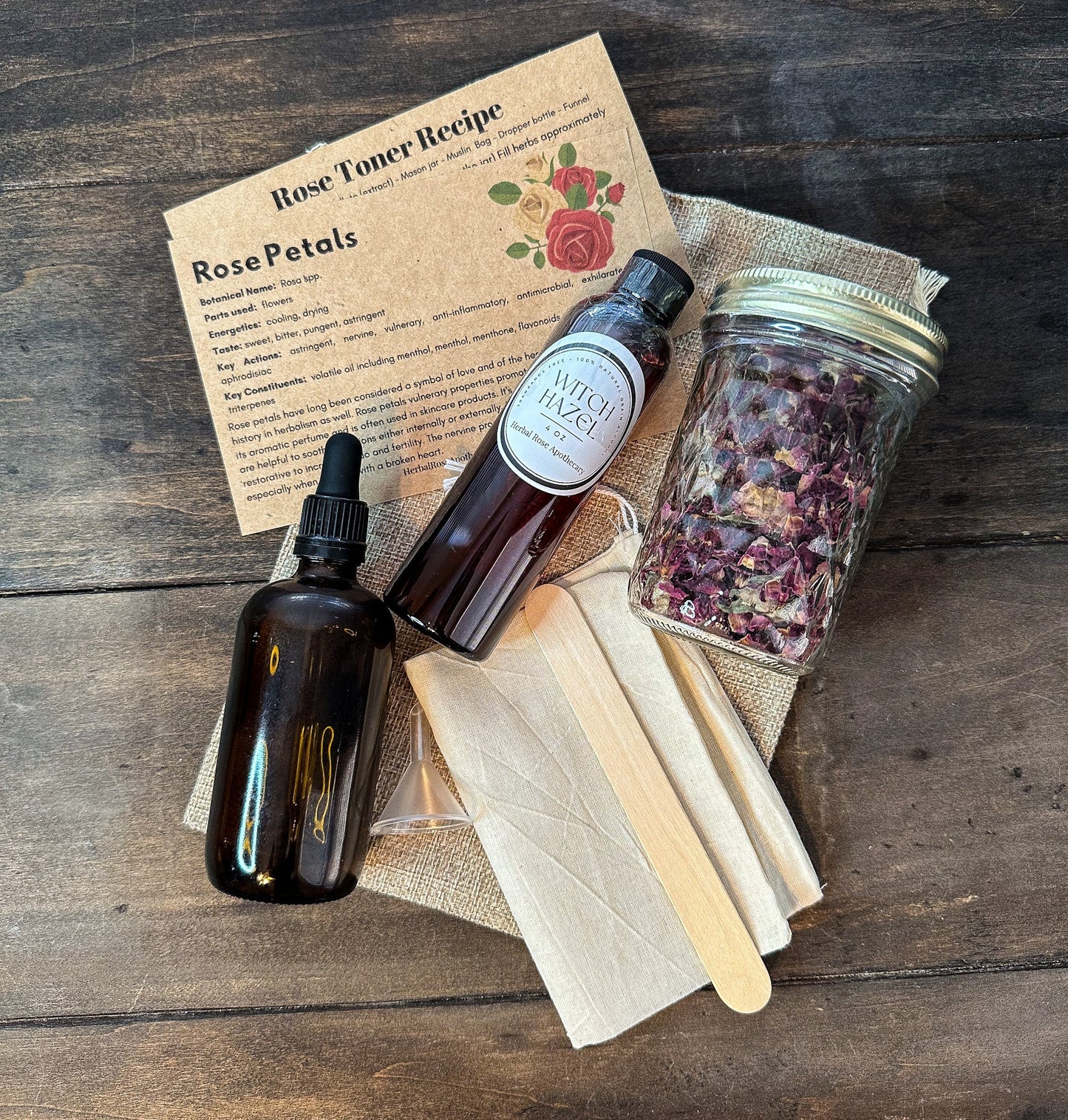 DIY Rose Toner Kit from herbalroseapothecary apothecary kits with bottles, rose petals, and ingredients for natural skincare.