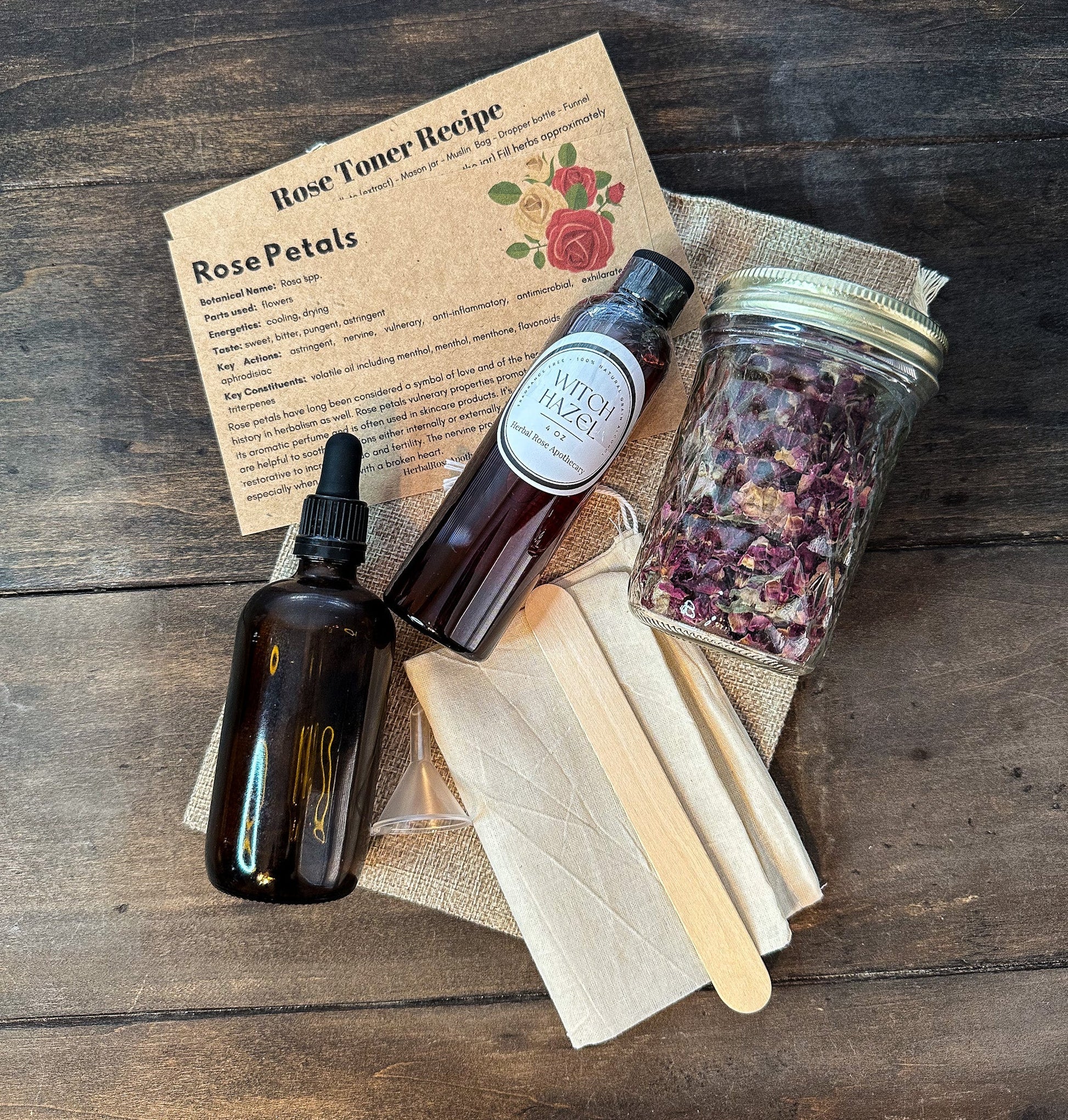 DIY Rose Toner Kit from herbalroseapothecary apothecary kits with bottles, rose petals, and ingredients for natural skincare.