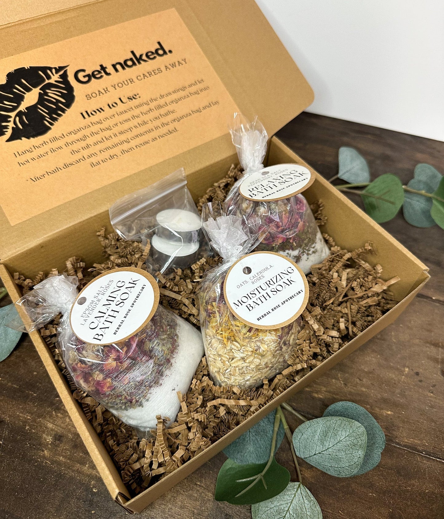 HerbalRoseApothecary bath gift set with calming, moisturizing bath products in a decorative gift box for adults.