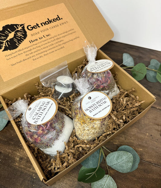 HerbalRoseApothecary bath gift set with calming, moisturizing bath products in a decorative gift box for adults.