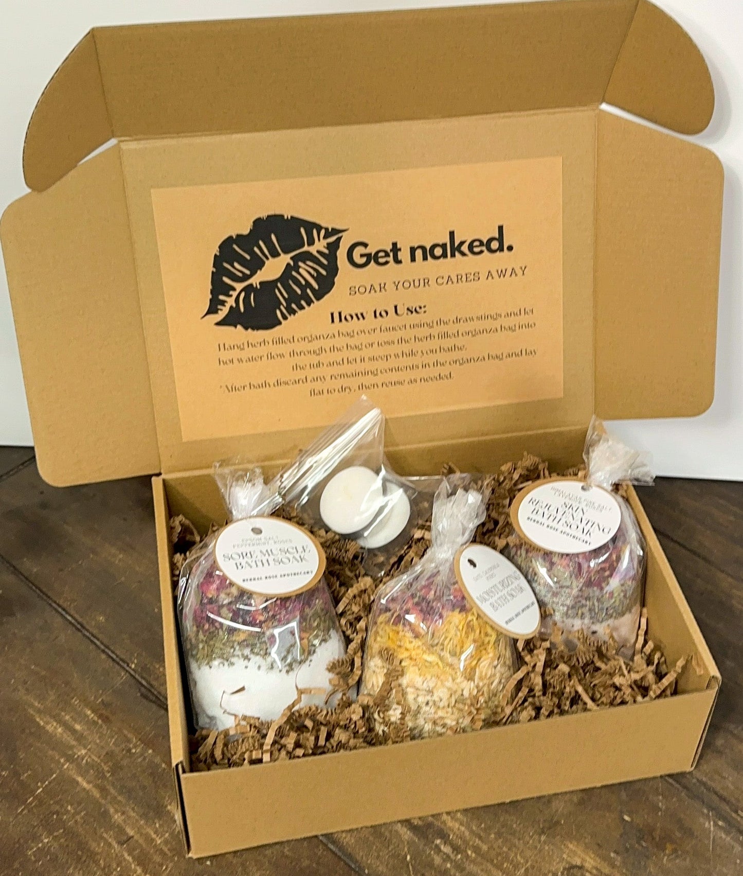 HerbalRoseApothecary bath gift set with calming, relaxing, and moisturizing products in a decorative gift box for adults.