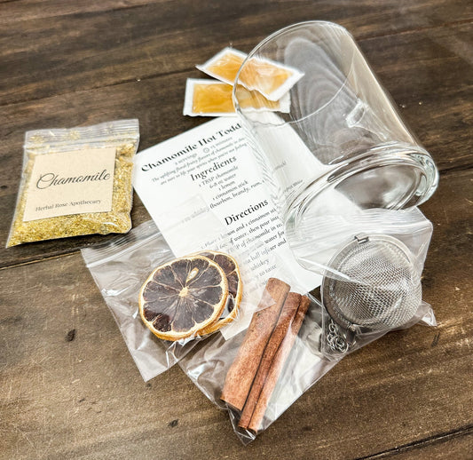 Herbalroseapothecary Chamomile Hot Toddy gift set with herbal teas and mint, perfect for relaxing hot beverage moments