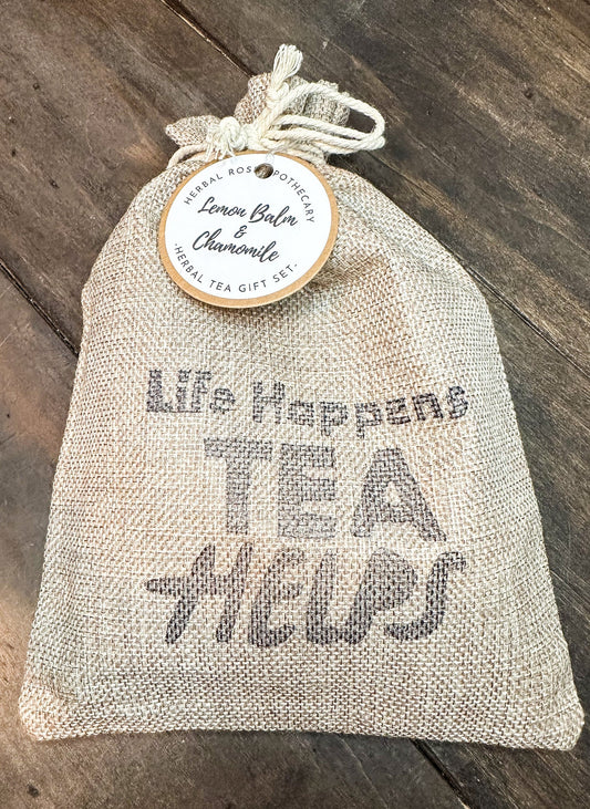 Herbalroseapothecary herbal tea gift bags with peppermint and lemon balm, featuring front cover design for herbal tea gift set.