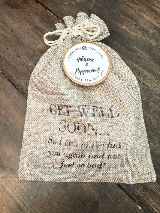 Herbalroseapothecary herbal tea gift bags featuring peppermint and lemon balm for soothing wellness, front view of two herbal tea bags.