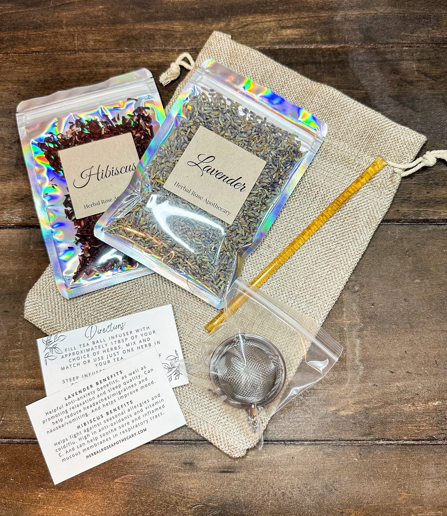 Herbalroseapothecary herbal tea gift bags featuring peppermint and lemon balm, displayed with front covers showing herbal tea designs.
