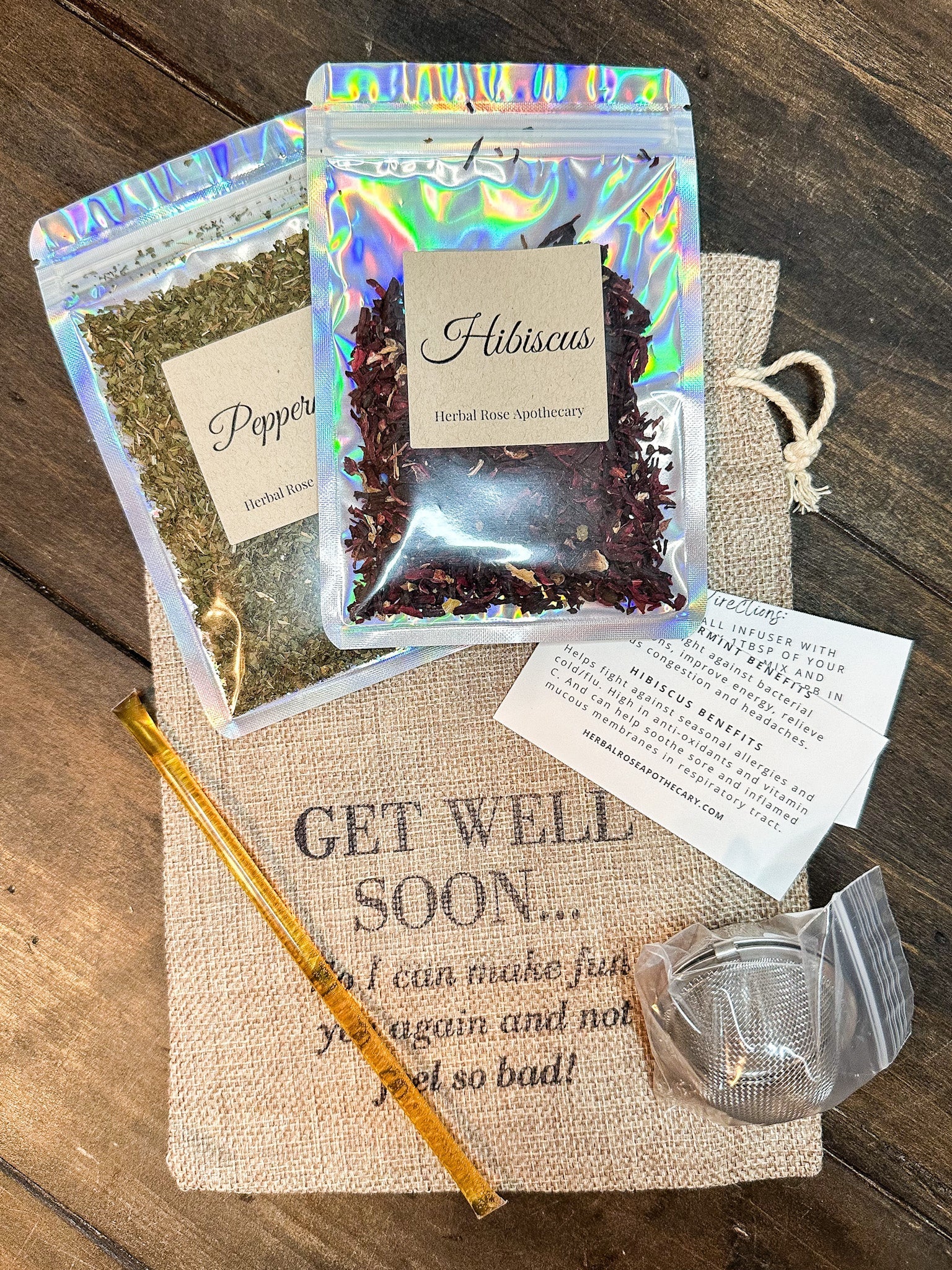 HerbalRoseApothecary herbal tea gift bags with peppermint and lemon balm, featuring front cover design for get-well-soon gifts.