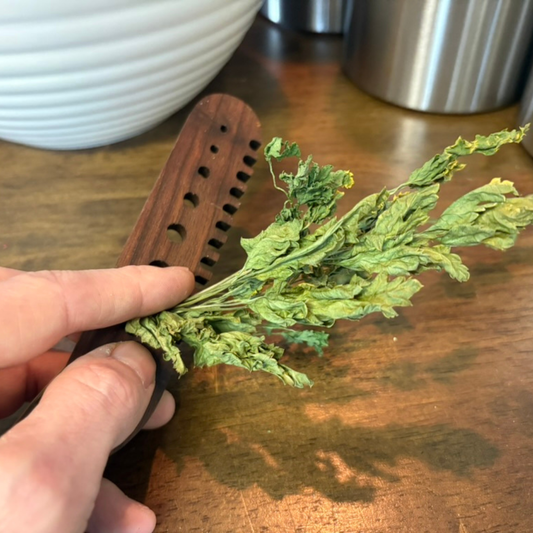 Walnut wood herb comb from Quailz by Undique LLC, featuring a close-up of the textured, handcrafted herbal grooming tool.
