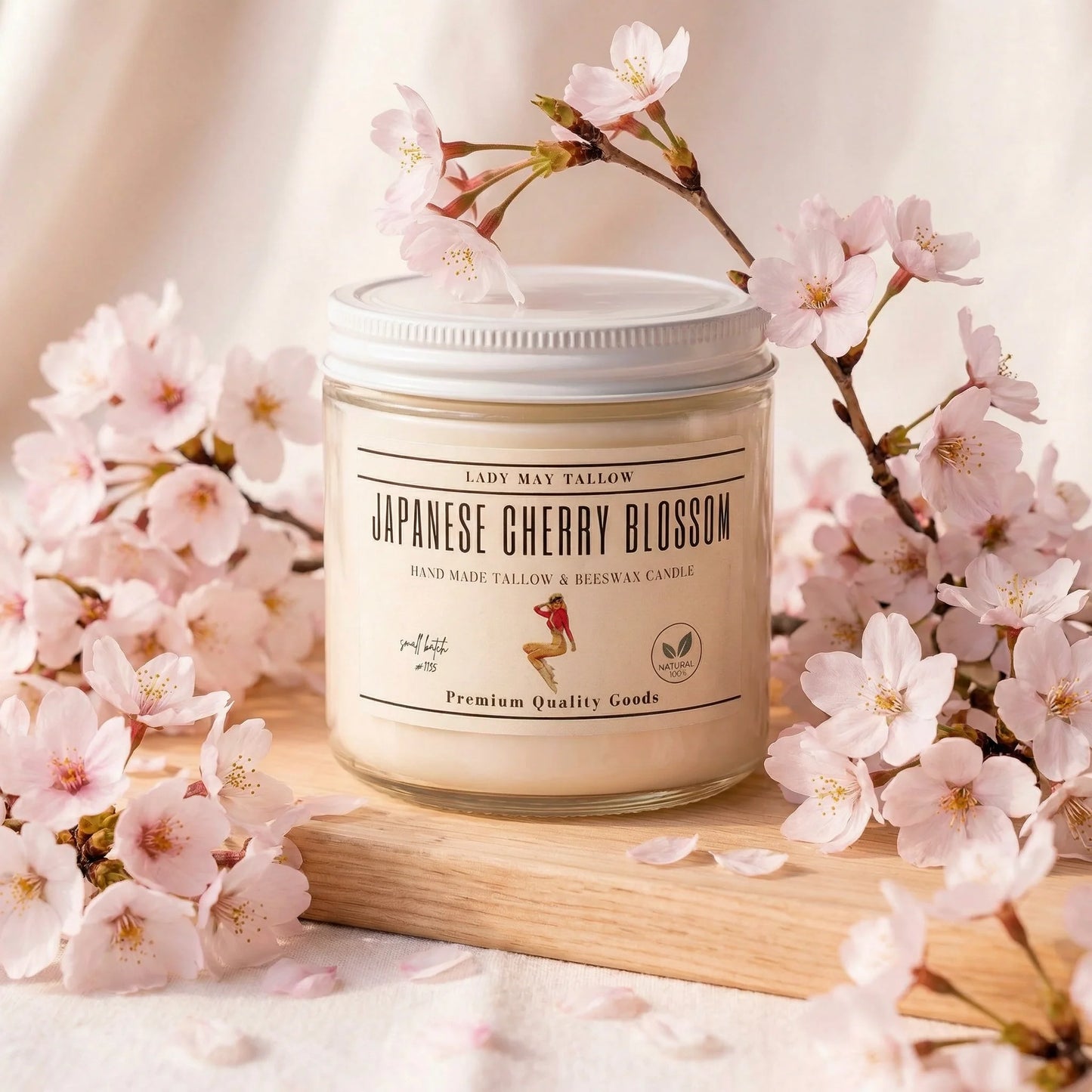 Lady May Tallow Classic Tallow & Beeswax Candle in cherry blossom scent, 16oz, natural ingredients, clean-burning non-toxic candle