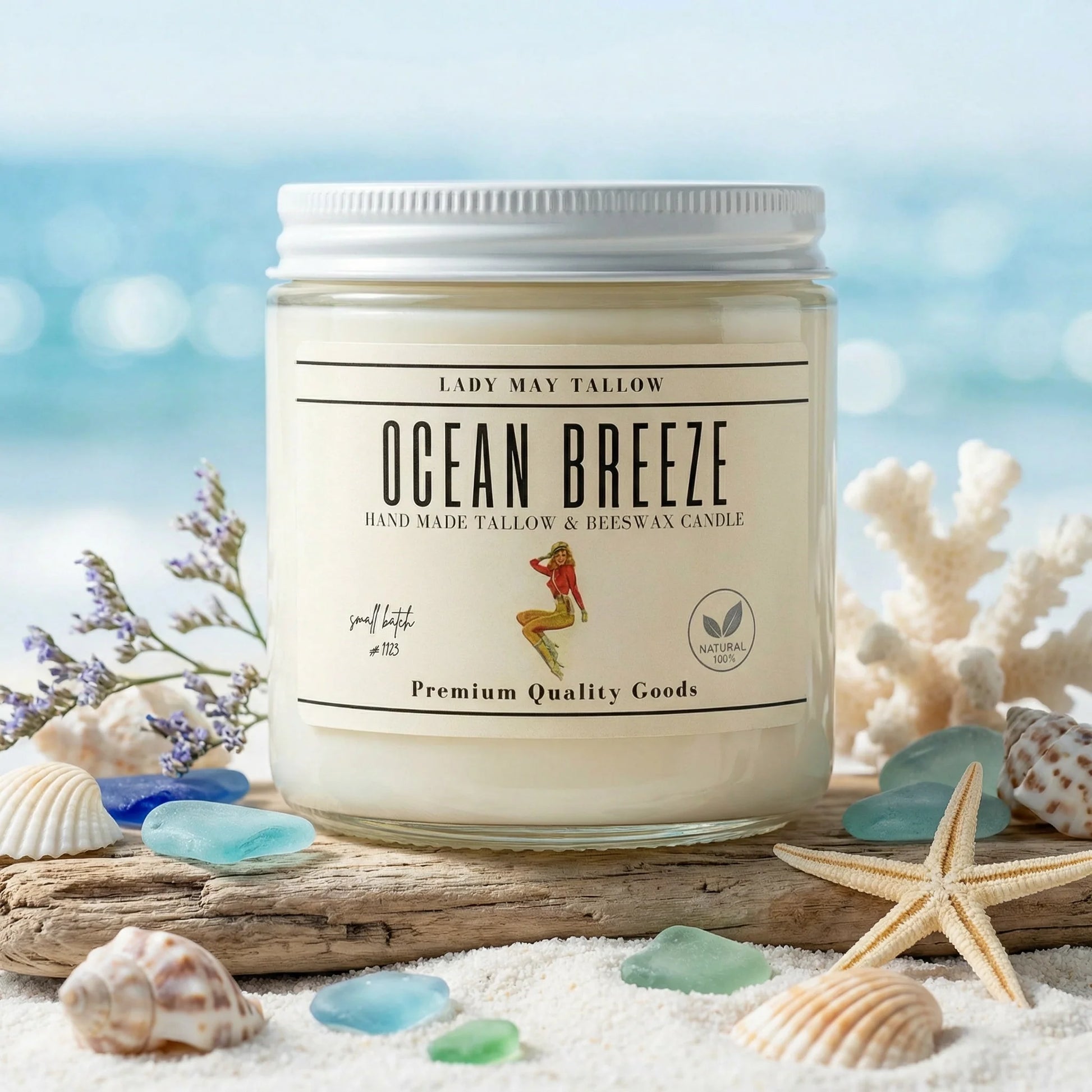 Lady May Tallow "Classic" Tallow and Beeswax Candle in ocean breeze scent, 16oz, natural, non-toxic, clean-burning candle.