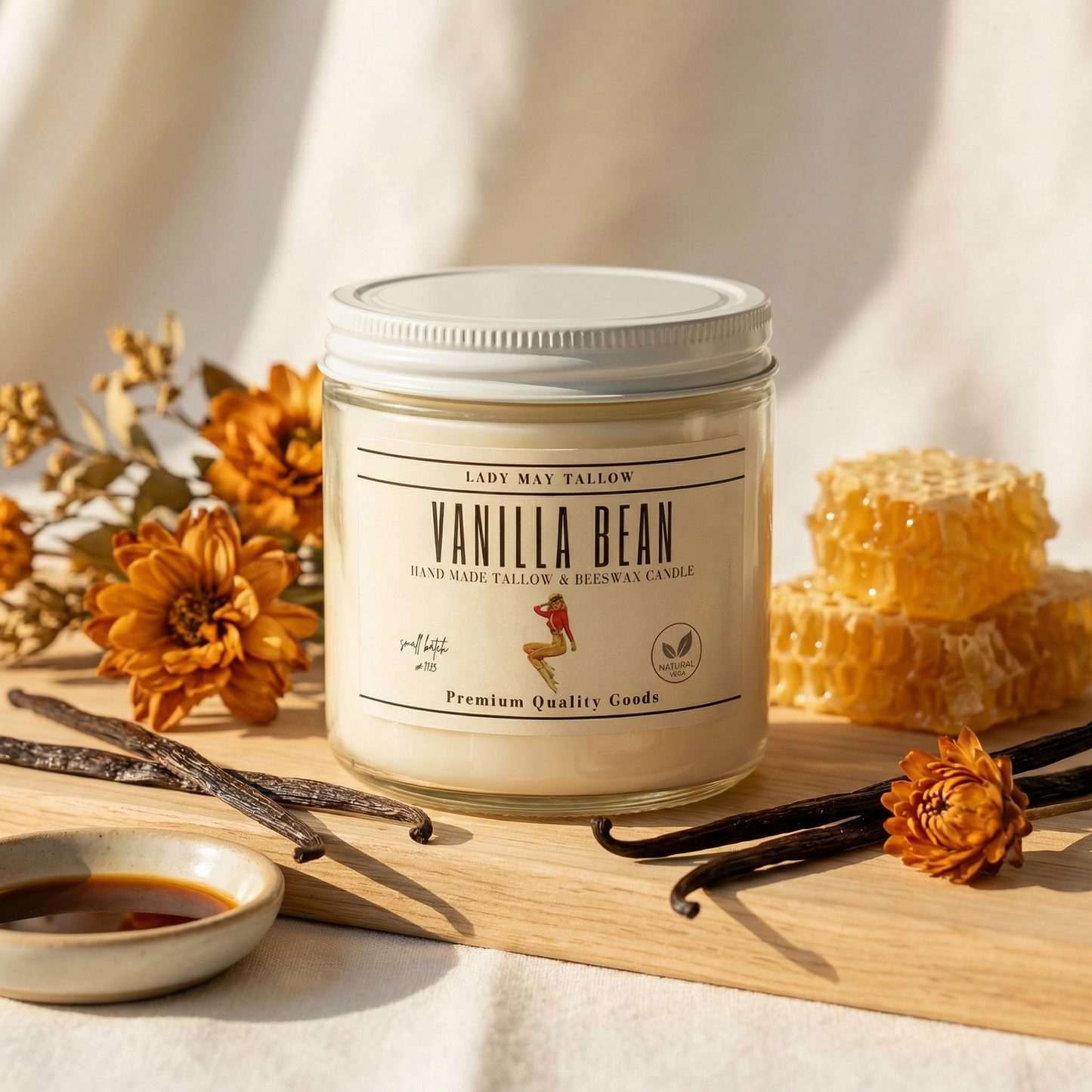 Lady May Tallow "Classic" candle in vanilla scent, 16oz beeswax and tallow candle with a natural, clean-burning appearance.