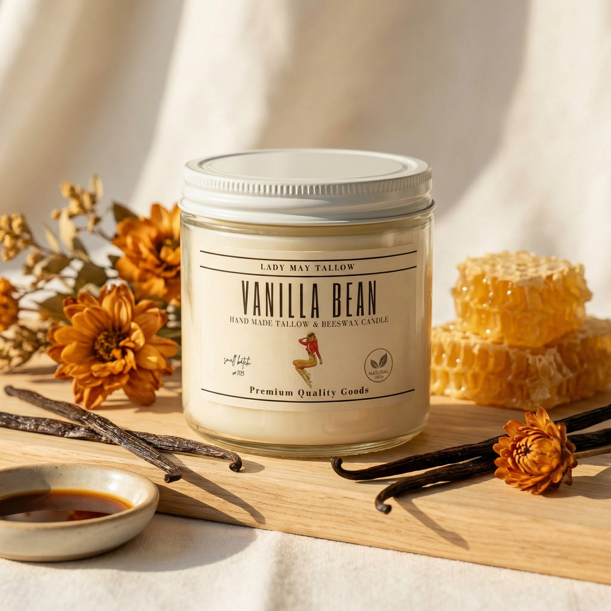 Lady May Tallow "Classic" candle in vanilla scent, 16oz beeswax and tallow candle with a natural, clean-burning appearance.