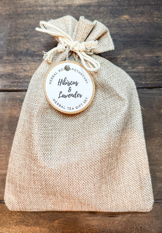 HerbalRoseApothecary herbal tea gift bag featuring hibiscus and lavender herbal tea bags in a gift packaging.