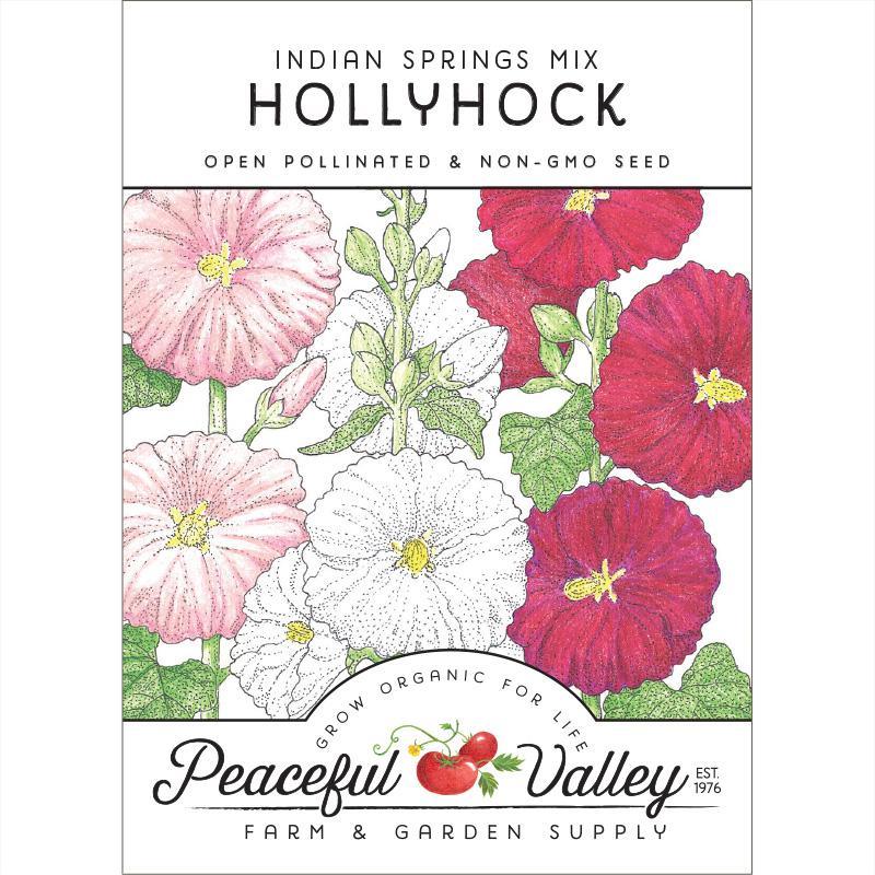 Pack of Grow Organic hollyhock flower seeds showing colorful seed packets for backyard garden planting