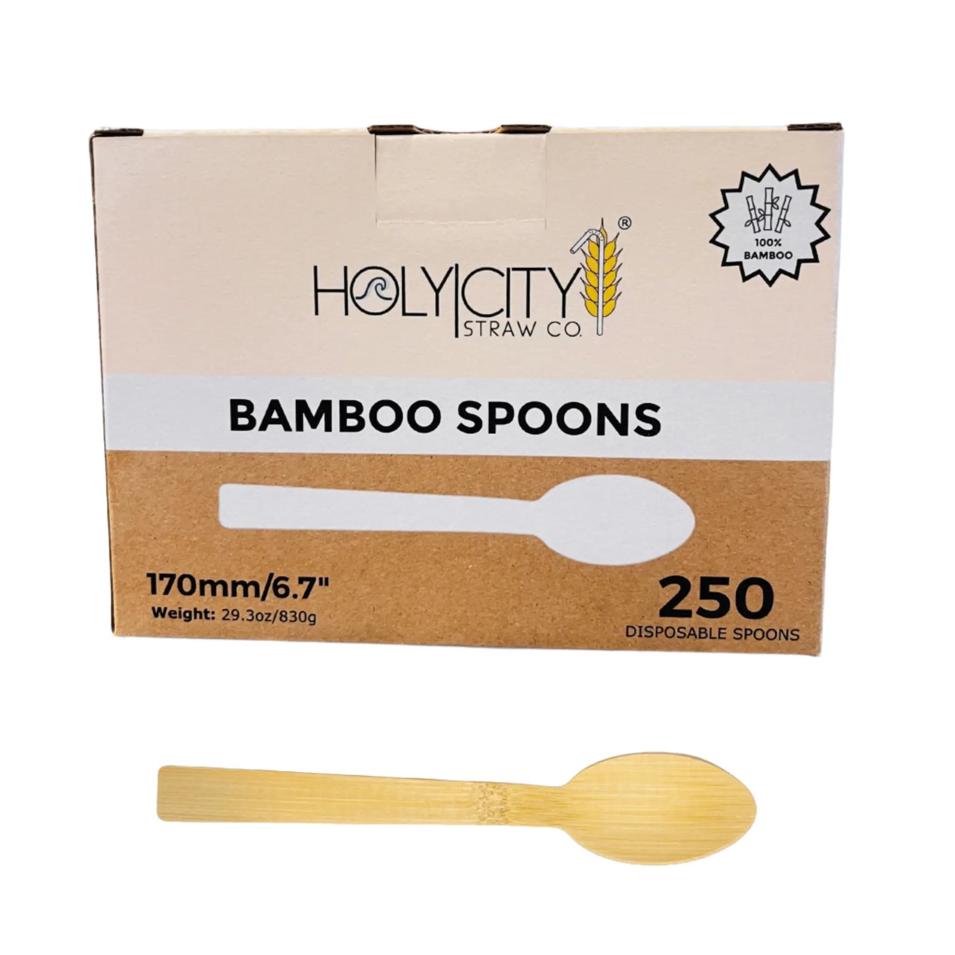 Six 6.7-inch bamboo spoons from Holy City Straw Company, disposable cutlery with natural wood appearance.