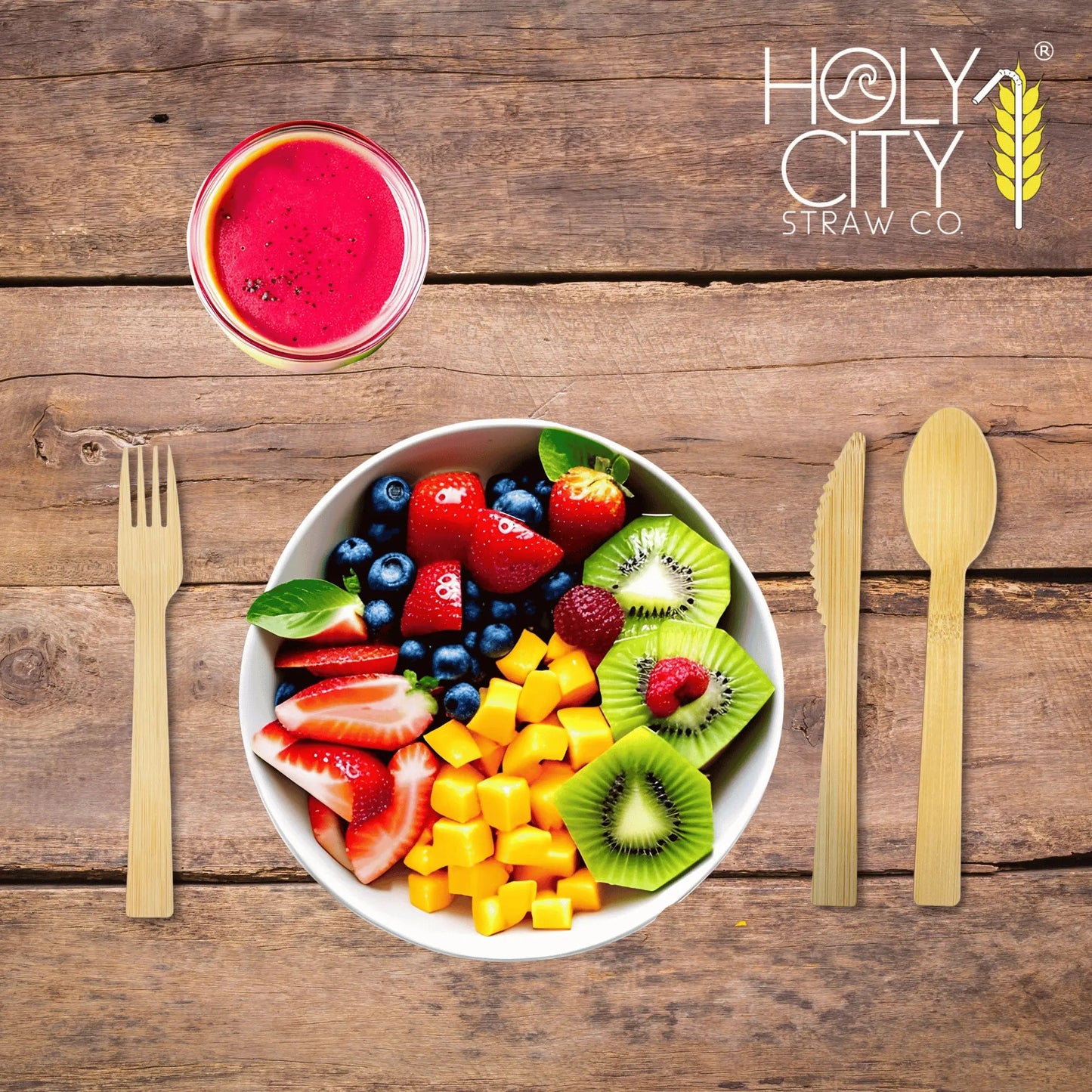 Six 6.7-inch bamboo spoons from Holy City Straw Company, disposable cutlery set with natural wooden finish.