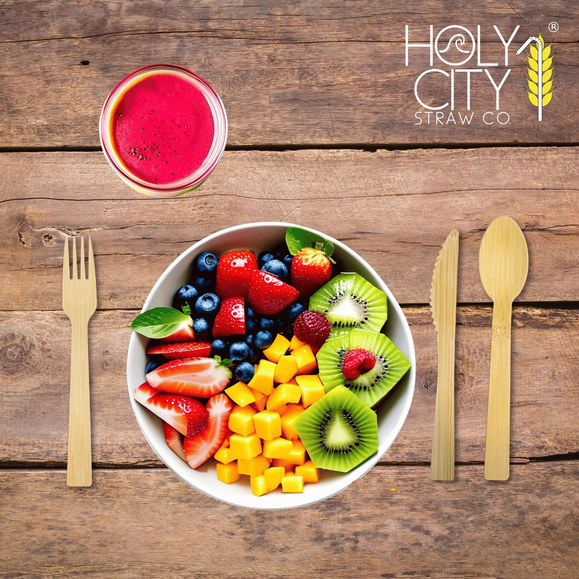Six 6.7-inch bamboo spoons from Holy City Straw Company, disposable cutlery set with natural wooden finish.