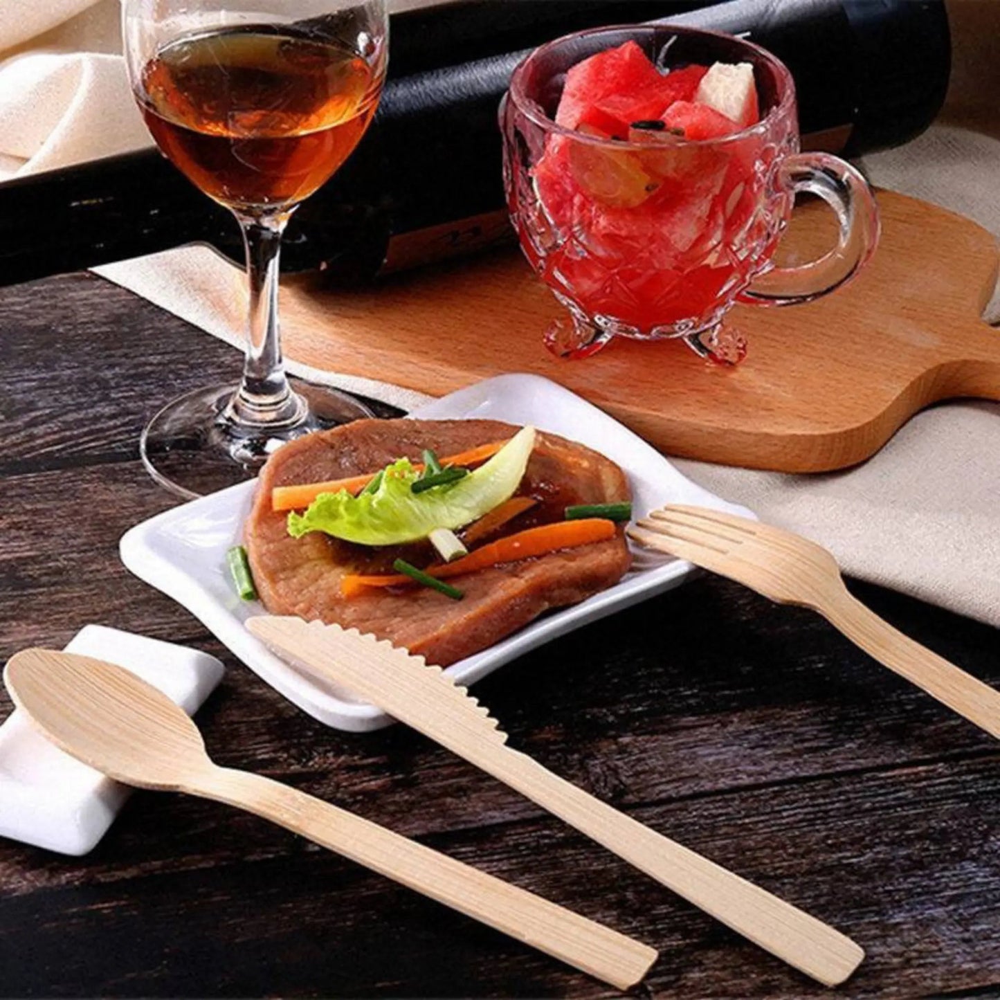 Six 6.7-inch bamboo spoons from Holy City Straw Company, disposable cutlery with natural wood grain finish.