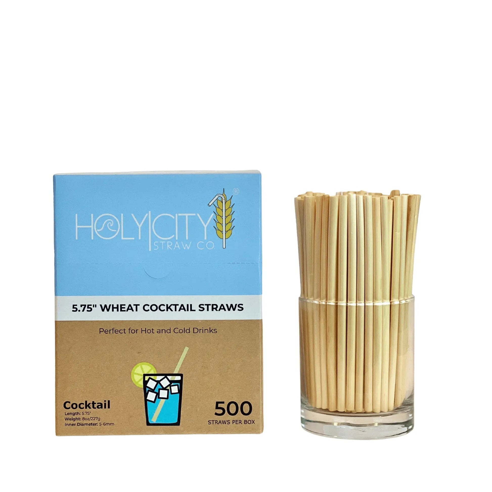 Holy City Straw Company 5.75-inch cocktail wheat drinking straws arranged in a row, eco-friendly and biodegradable beverage straws