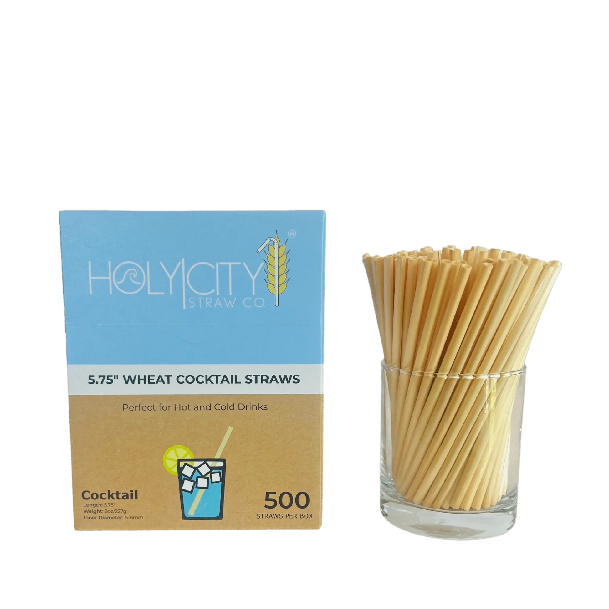 Set of 5.75-inch cocktail wheat straws from Holy City Straw Company, eco-friendly drinking straws for beverages.