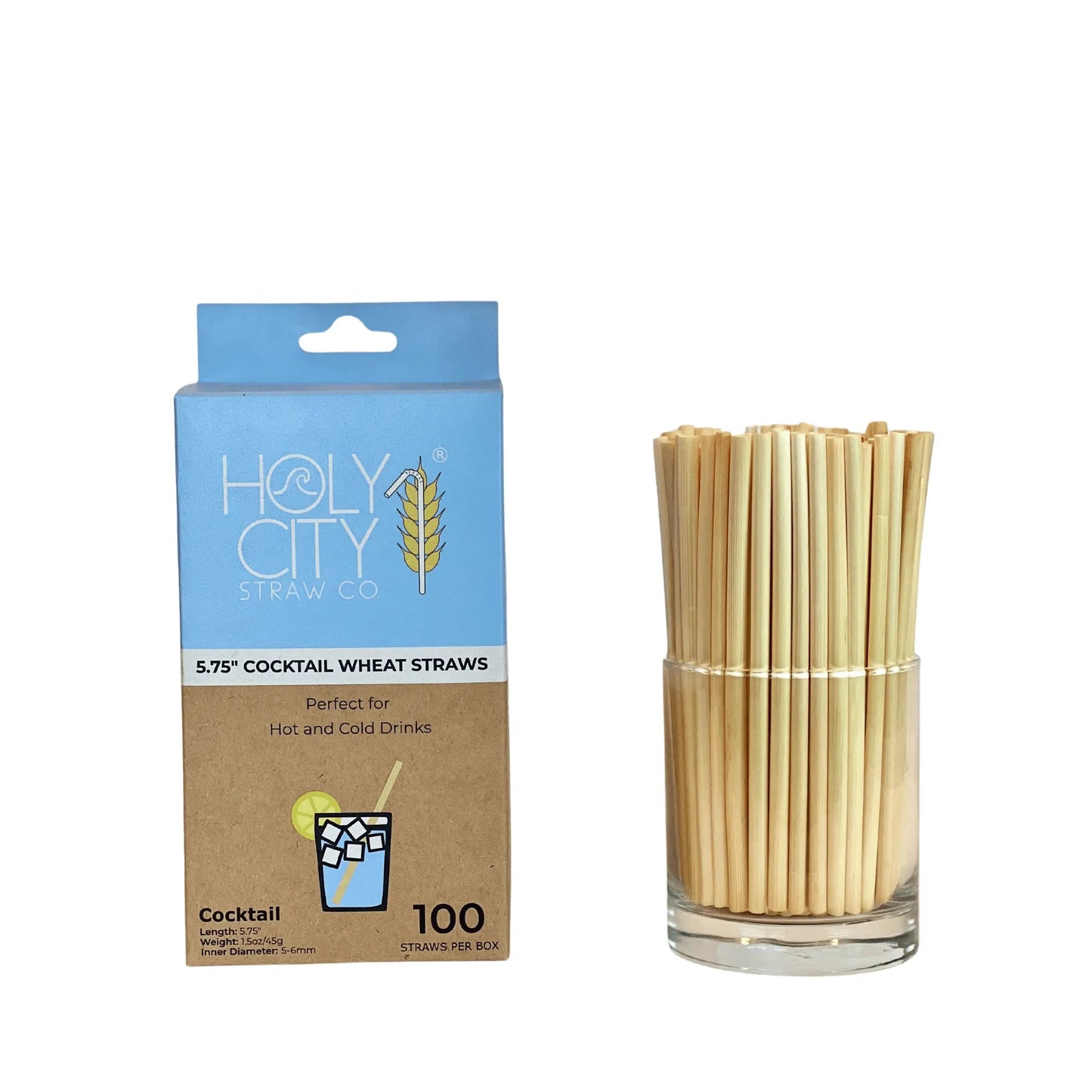 Holy City Straw Company 5.75-inch cocktail wheat straws for drinks, eco-friendly and biodegradable drinking straws.