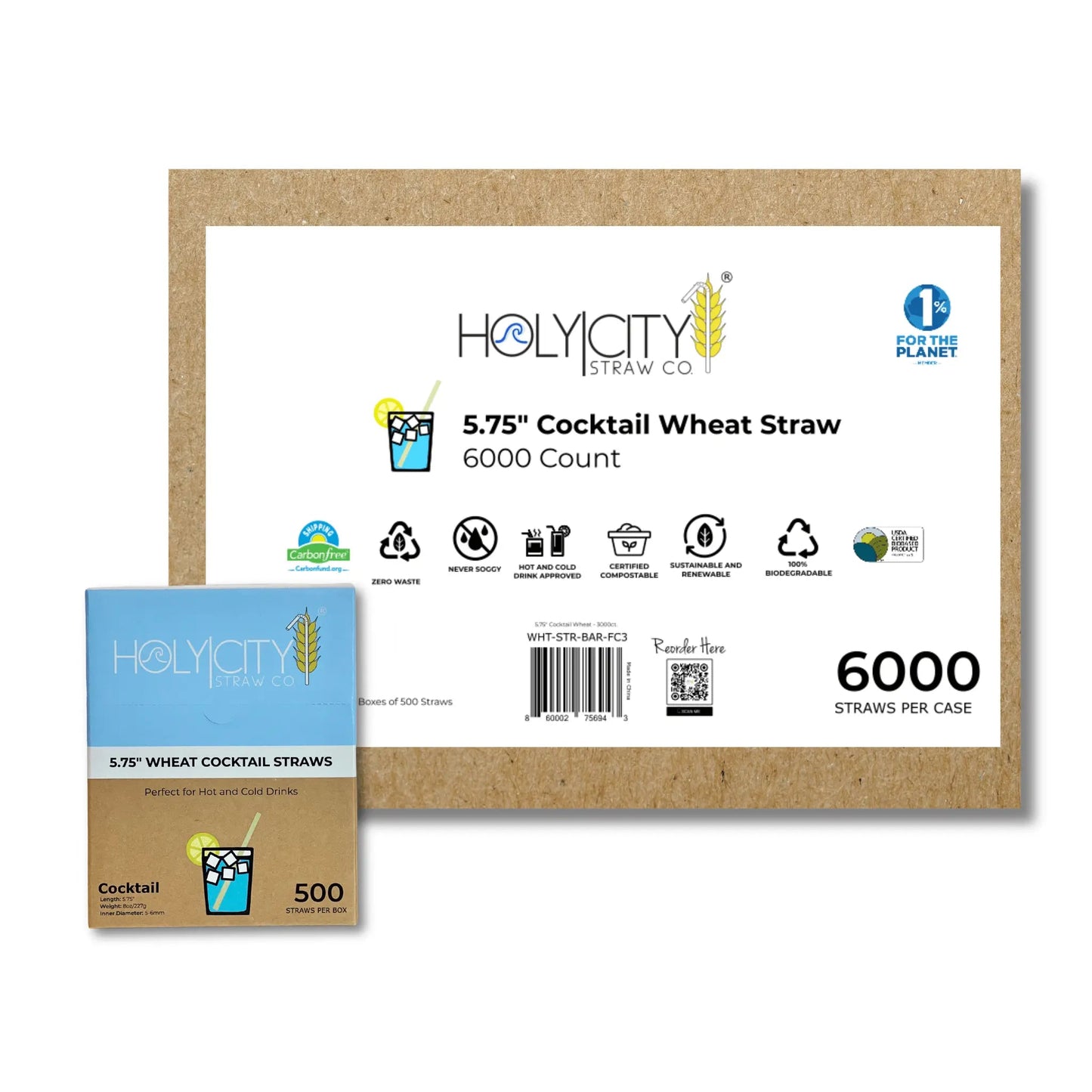 Holy City Straw Company 5.75-inch wheat cocktail straws for drinks, eco-friendly and biodegradable drinking straw set.