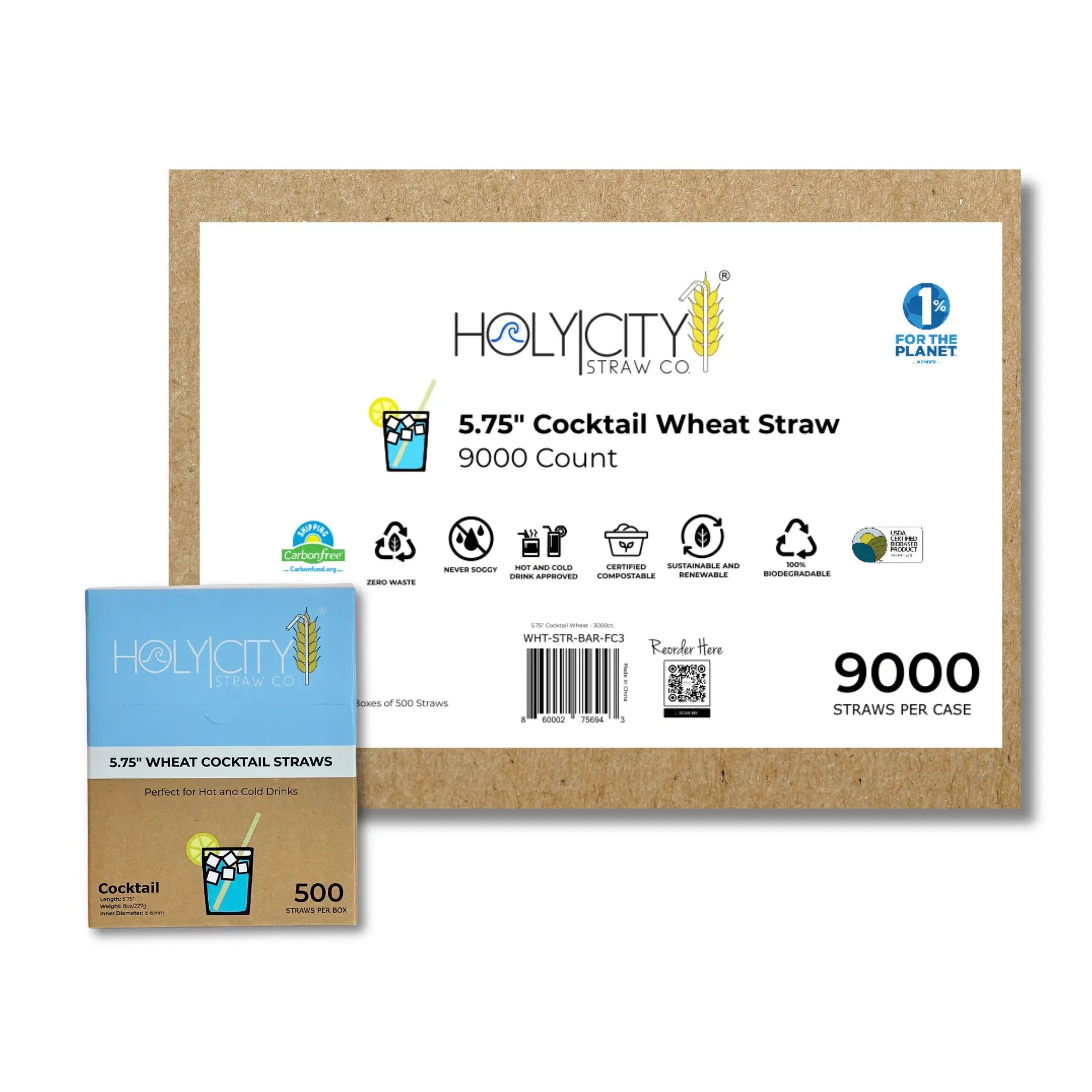 Holy City Straw Company 5.75-inch cocktail wheat drinking straws, eco-friendly and biodegradable for beverages.