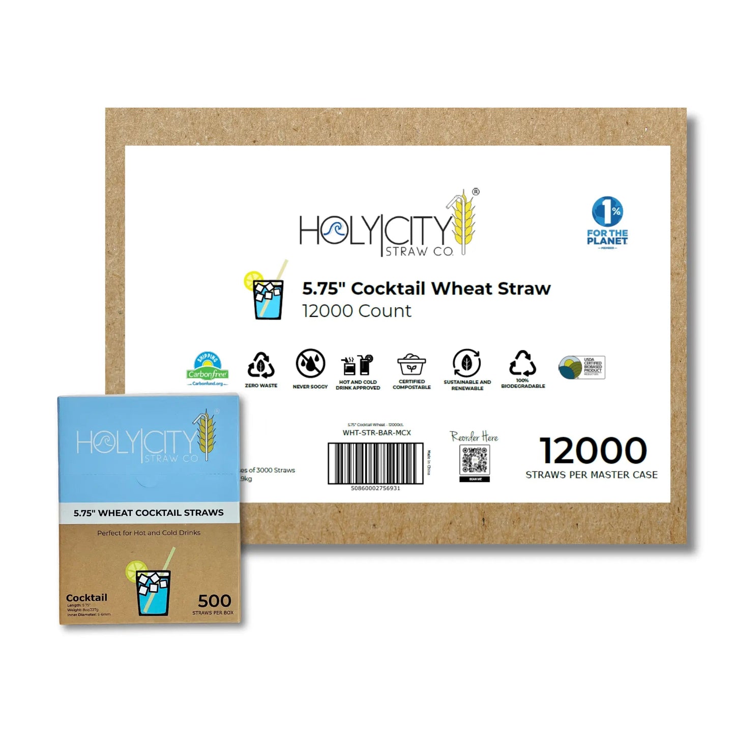 Holy City Straw Company 5.75-inch cocktail wheat drinking straws on a white background, eco-friendly and biodegradable.