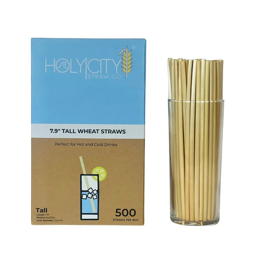 Holy City Straw Company 7.9-inch tall wheat drinking straws and stirrers, eco-friendly natural wheat material.