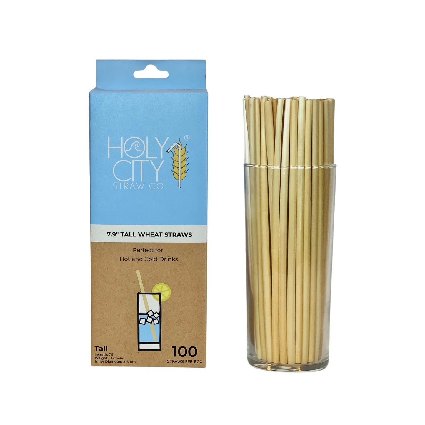 Holy City Straw Company 7.9-inch tall wheat drinking straws and stirrers for eco-friendly beverage use.