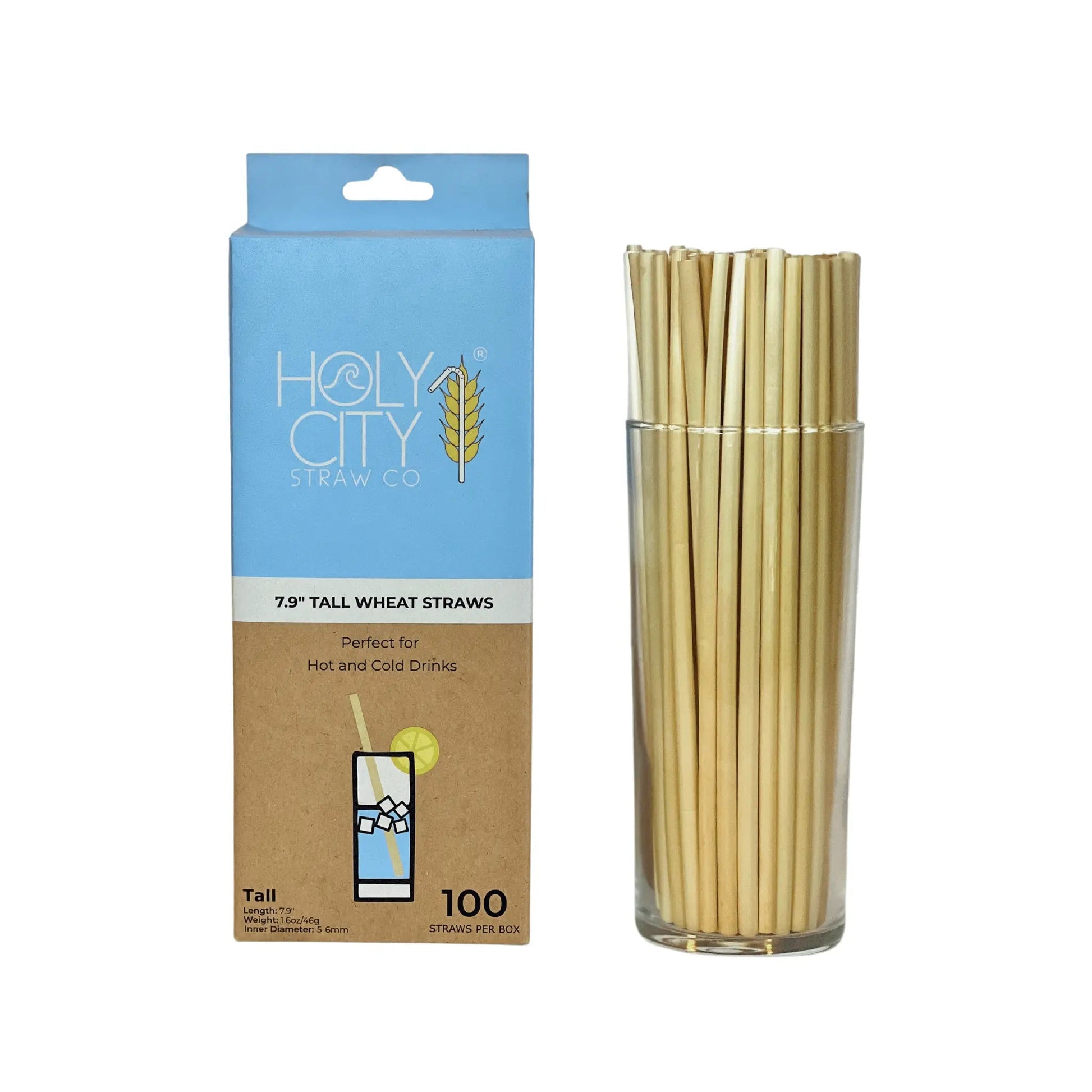 Holy City Straw Company 7.9-inch tall wheat drinking straws and stirrers for eco-friendly beverage use.