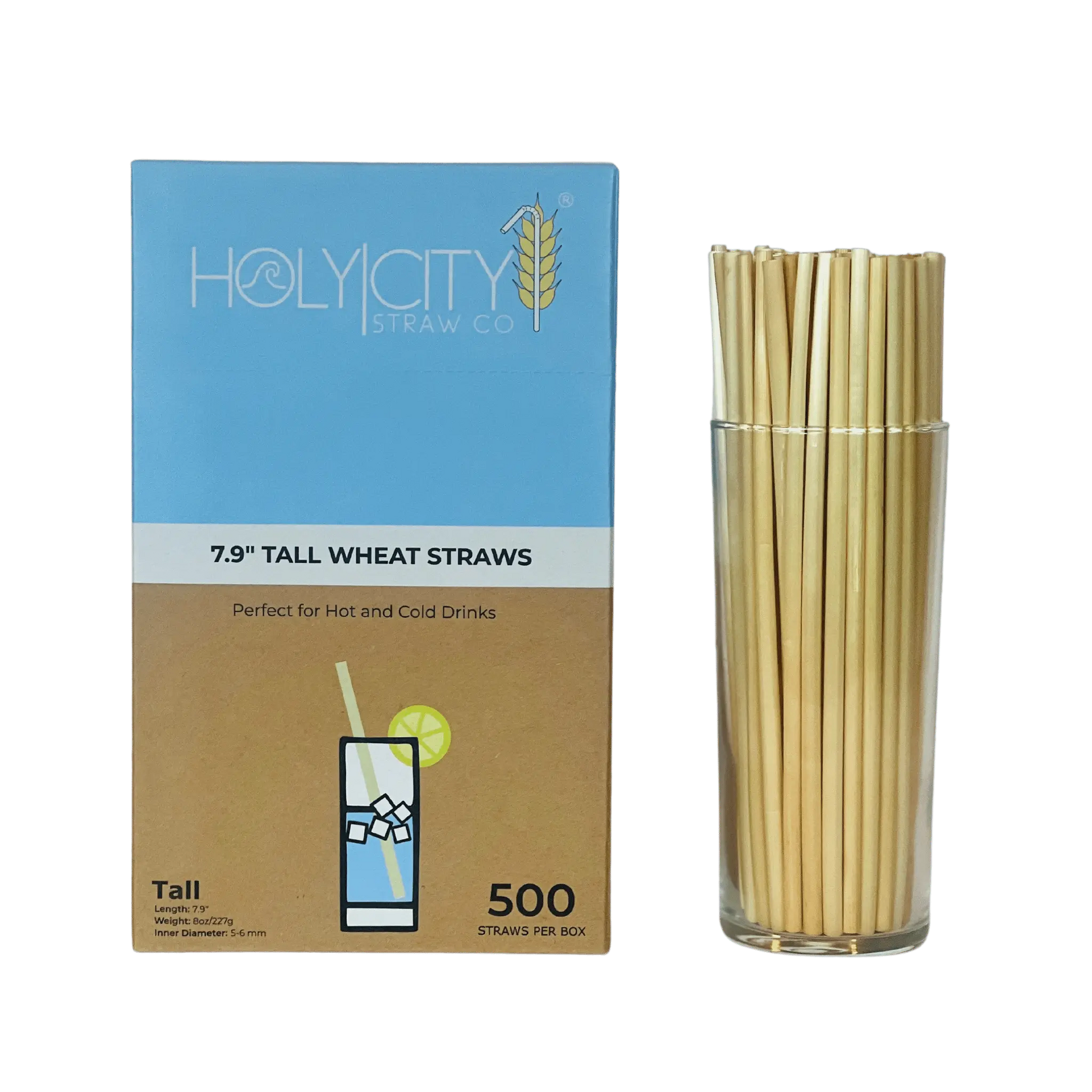 Holy City Straw Company 7.9-inch tall wheat drinking straws and stirrers, eco-friendly and natural for beverages.