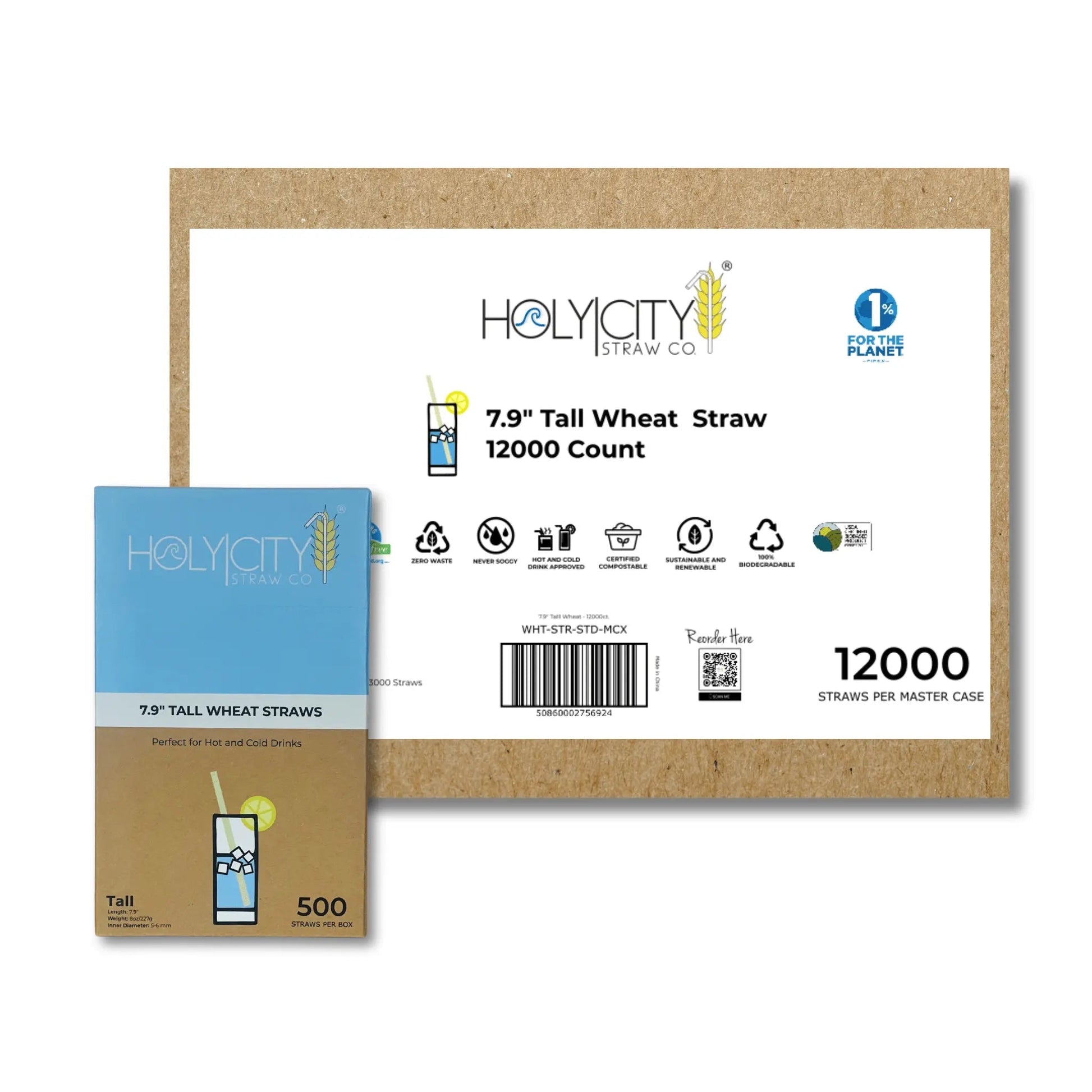 Seven point nine inch tall wheat drinking straws from Holy City Straw Company, natural wheat material for eco-friendly beverages.