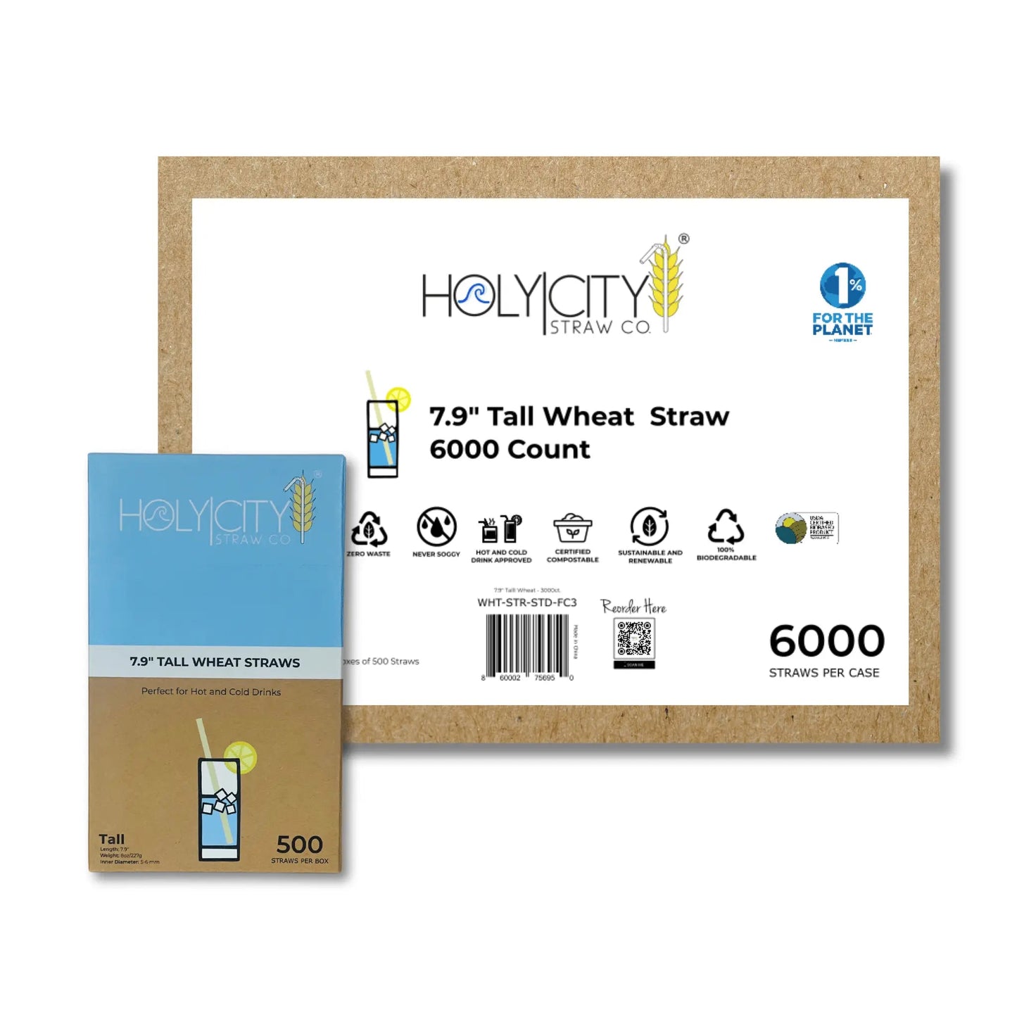 Holy City Straw Company 7.9-inch tall wheat drinking straws and stirrers, natural and eco-friendly for beverages.