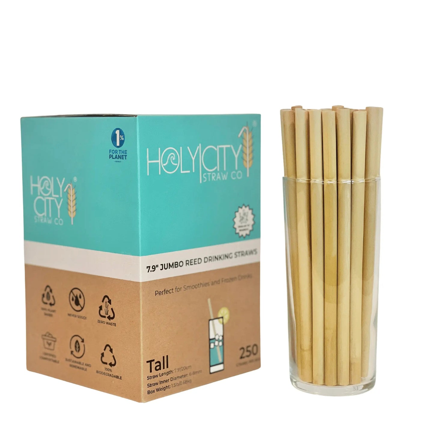 7.9-inch jumbo reed drinking straws by Holy City Straw Company, natural reusable straw with a smooth finish.