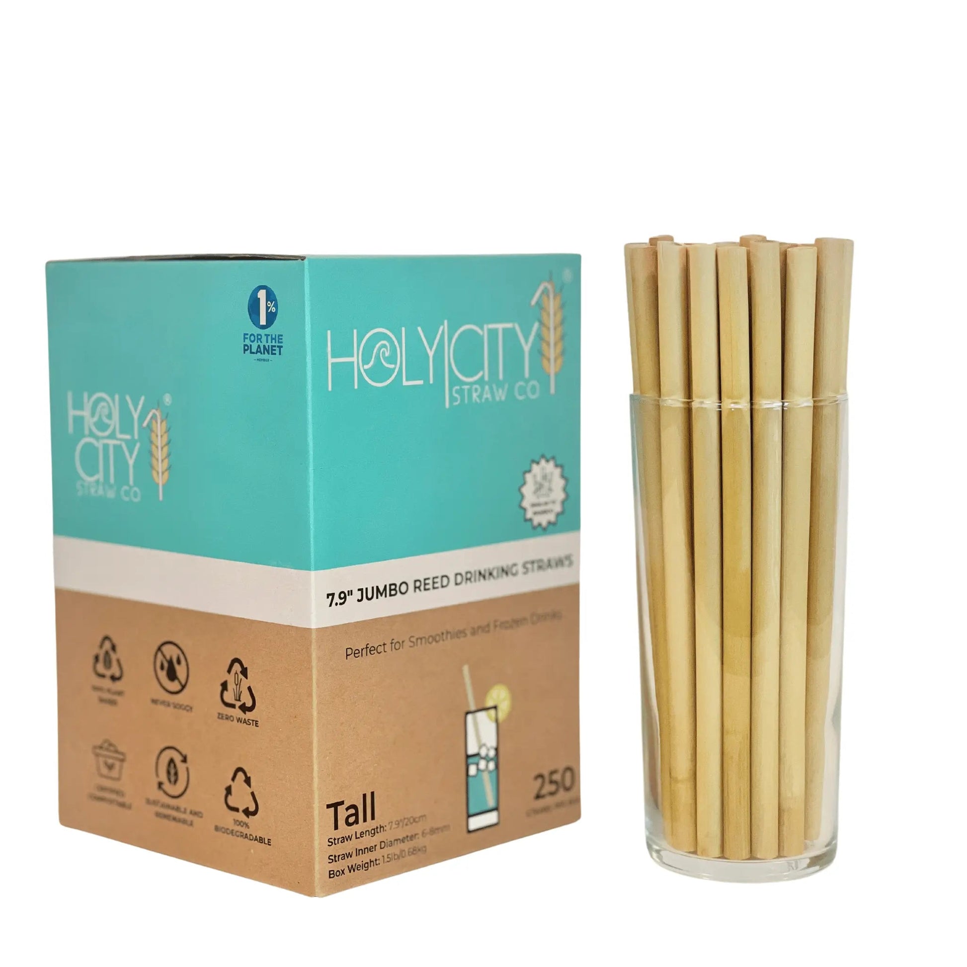 7.9-inch jumbo reed drinking straws by Holy City Straw Company, natural reusable straw with a smooth finish.