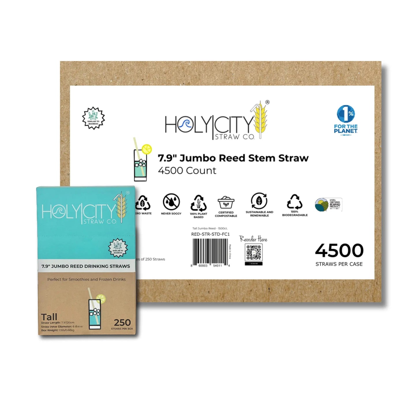 Holy City Straw Company 7.9-inch jumbo reed drinking straws, eco-friendly and natural for beverages and smoothies.