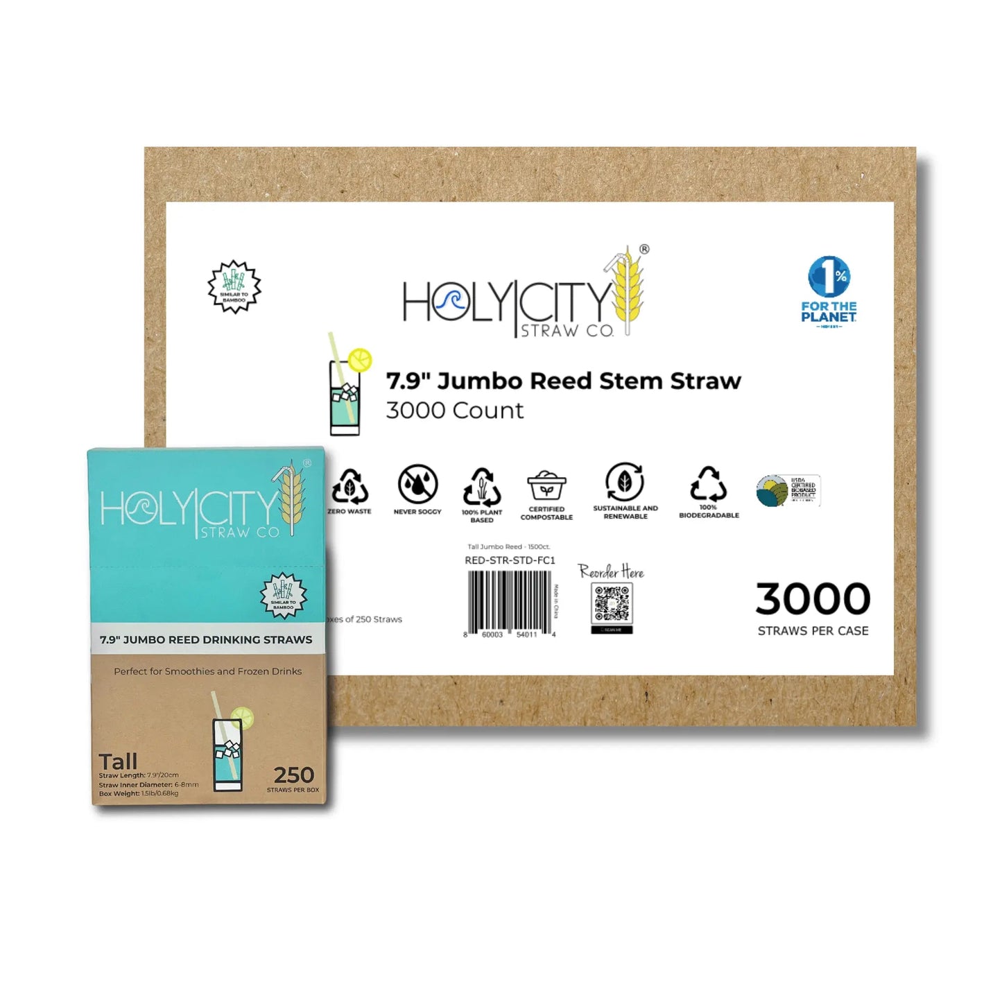 Holy City Straw Company 7.9-inch jumbo reed drinking straws on a white background, showcasing eco-friendly reusable straw design.