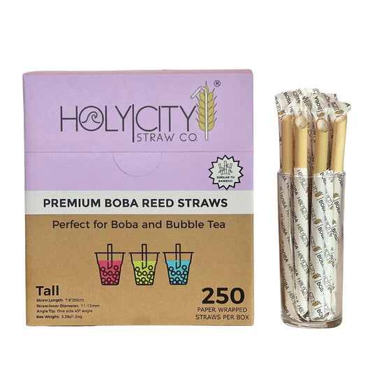 7.9-inch wrapped Boba Reed straws from Holy City Straw Company, biodegradable drinking straws for bubble tea and beverages.
