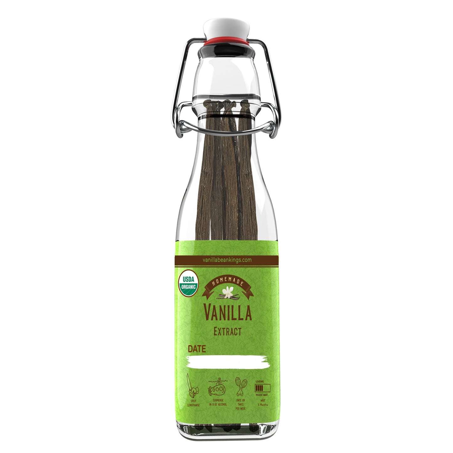 Homemade vanilla extract kit featuring organic Madagascar vanilla beans from Vanilla Bean Kings, with beans and extract ingredients visible.