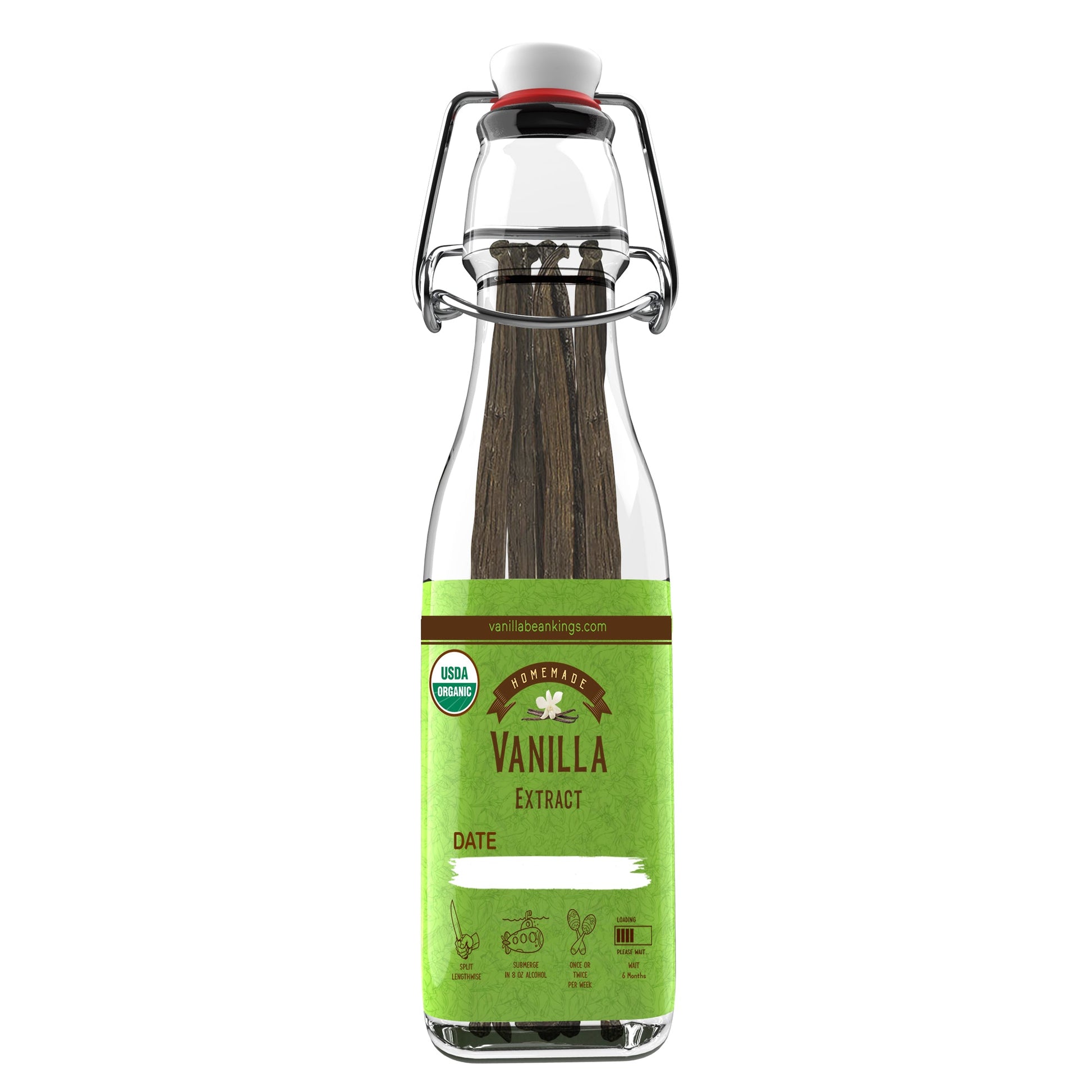 Homemade vanilla extract kit featuring organic Madagascar vanilla beans from Vanilla Bean Kings, with beans and extract ingredients visible.