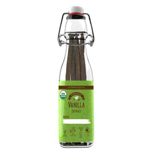 Homemade vanilla extract kit featuring organic Madagascar vanilla beans from Vanilla Bean Kings, with beans and extract ingredients visible.