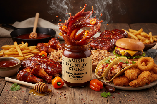 Canned Honey Habanero BBQ Sauce by Amish Country Store in a 16 oz jar, featuring a honey and habanero pepper flavor profile.