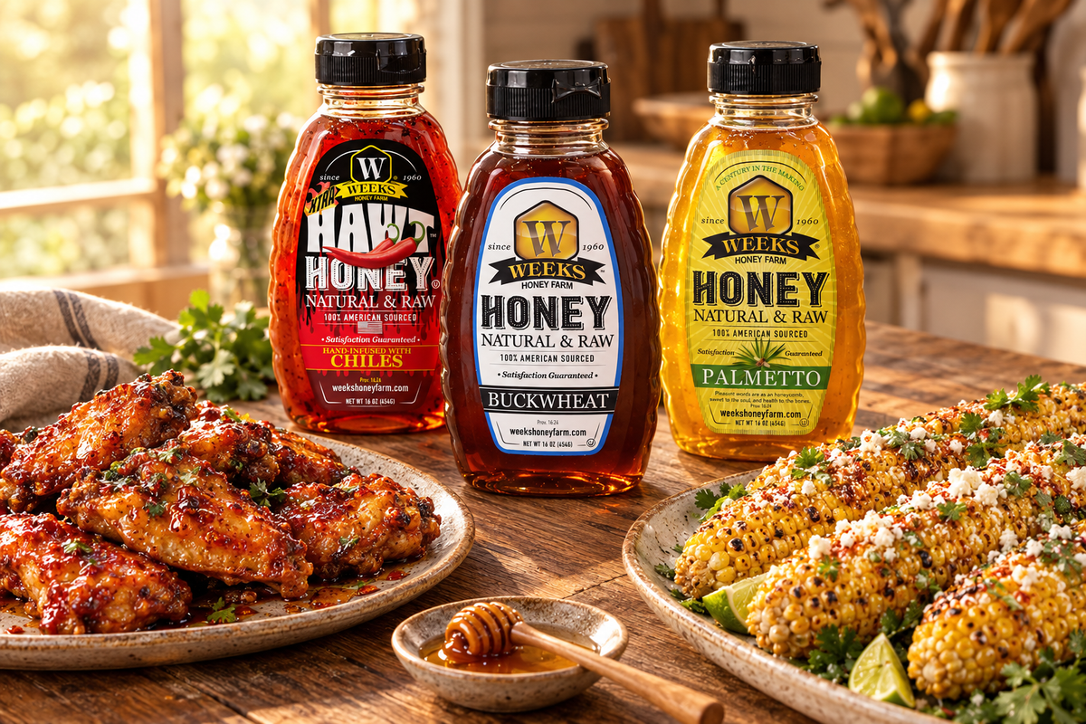 Weeks Honey Farm Raw Honey Trio Gift Set with Hawt, Buckwheat, and Palmetto honey, hot wings and Mexican street corn