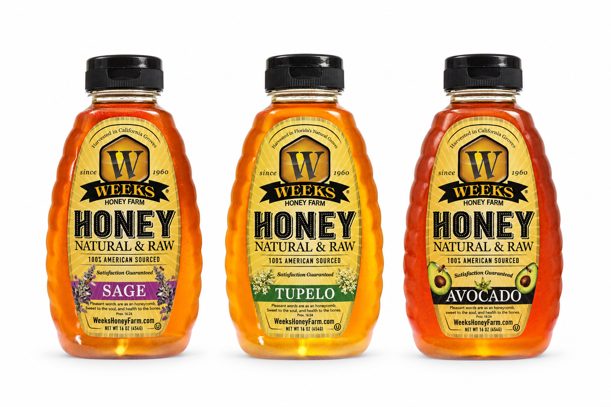 Weeks Honey Farm Cheese Lovers Honey Trio Bundle with three honey bottles displayed together