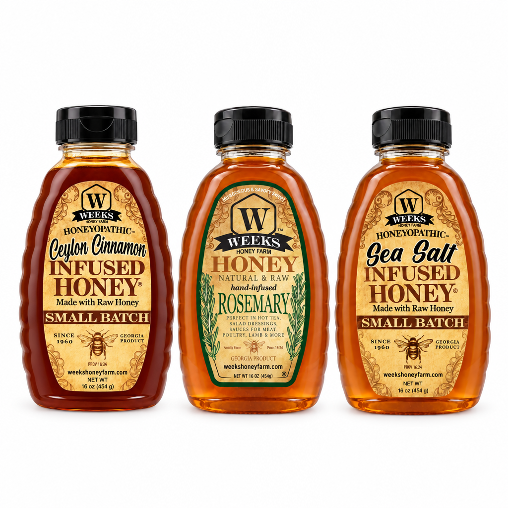 Weeks Honey Farm infused honey trio gift set with cinnamon, rosemary, and salted honey jars