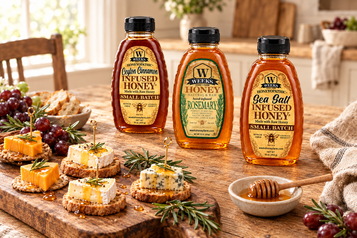 Weeks Honey Farm infused honey trio with cinnamon, rosemary, and salted honey, drizzled over cheese favors on farmhouse table