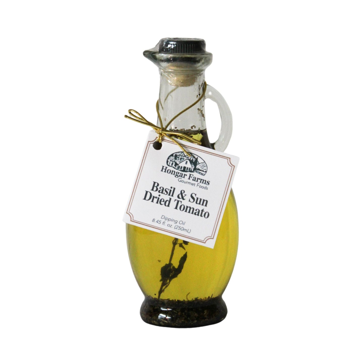 Hongar Farms basil and sun-dried tomato infused extra virgin olive oil blend in a 250mL cruet, showcasing the oil with herbs and tomatoes.