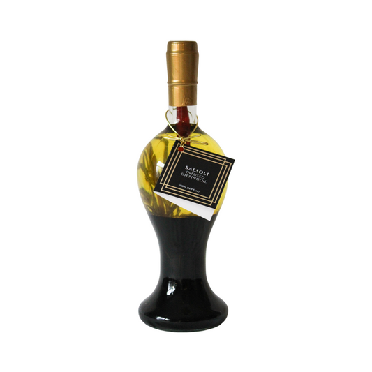 Bottle of Melina's Balsoli Oil by Hongar Farms, 500mL, featuring clear label and golden-colored oil inside a glass bottle.