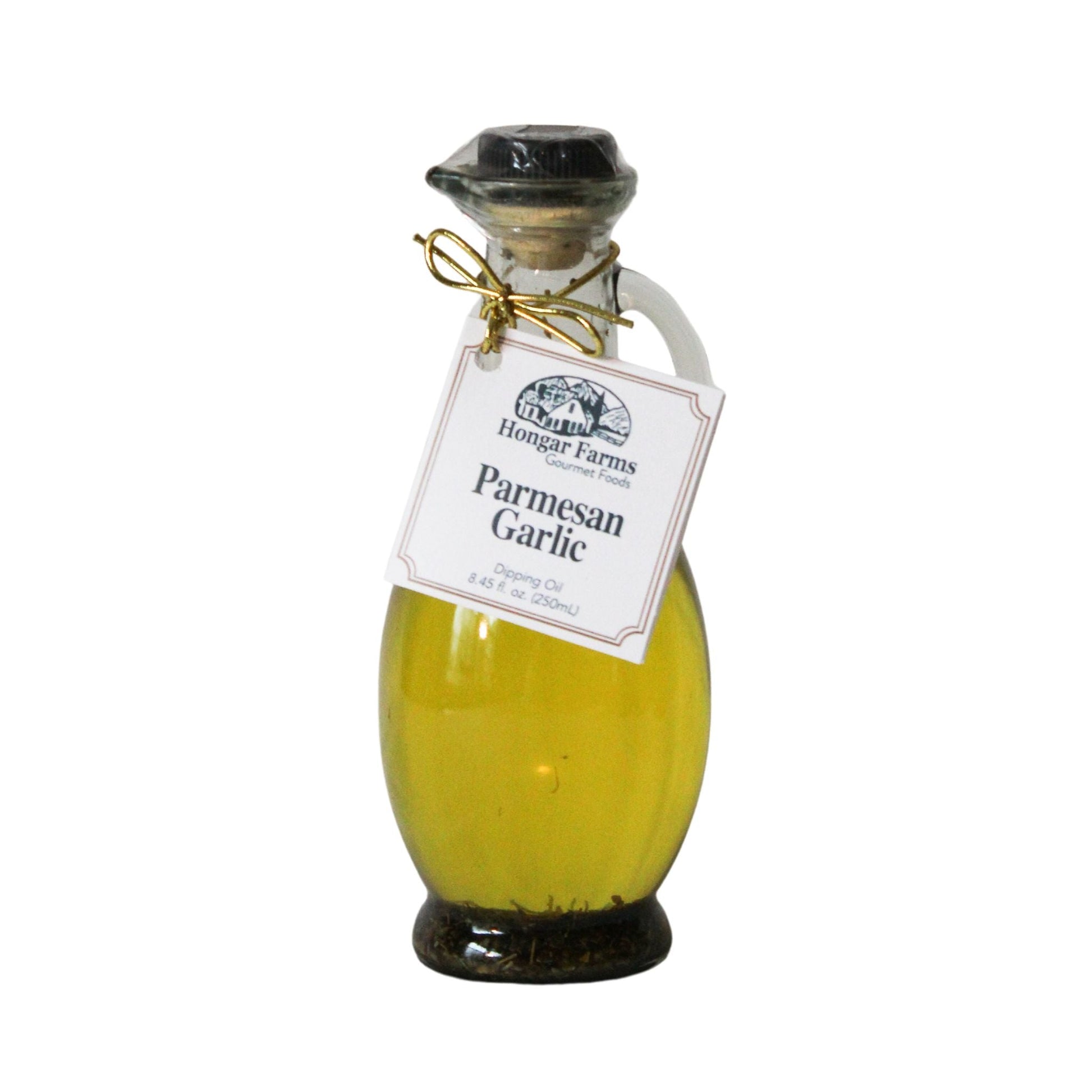 Hongar Farms Parmesan garlic infused extra virgin olive oil blend in a 250ml cruet bottle, with garlic and Parmesan visible inside
